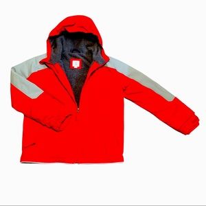 Lands' End Kids Red Gray Winter Jacket MED 10-12 Grow-A-Long Sleeves Fleece EUC